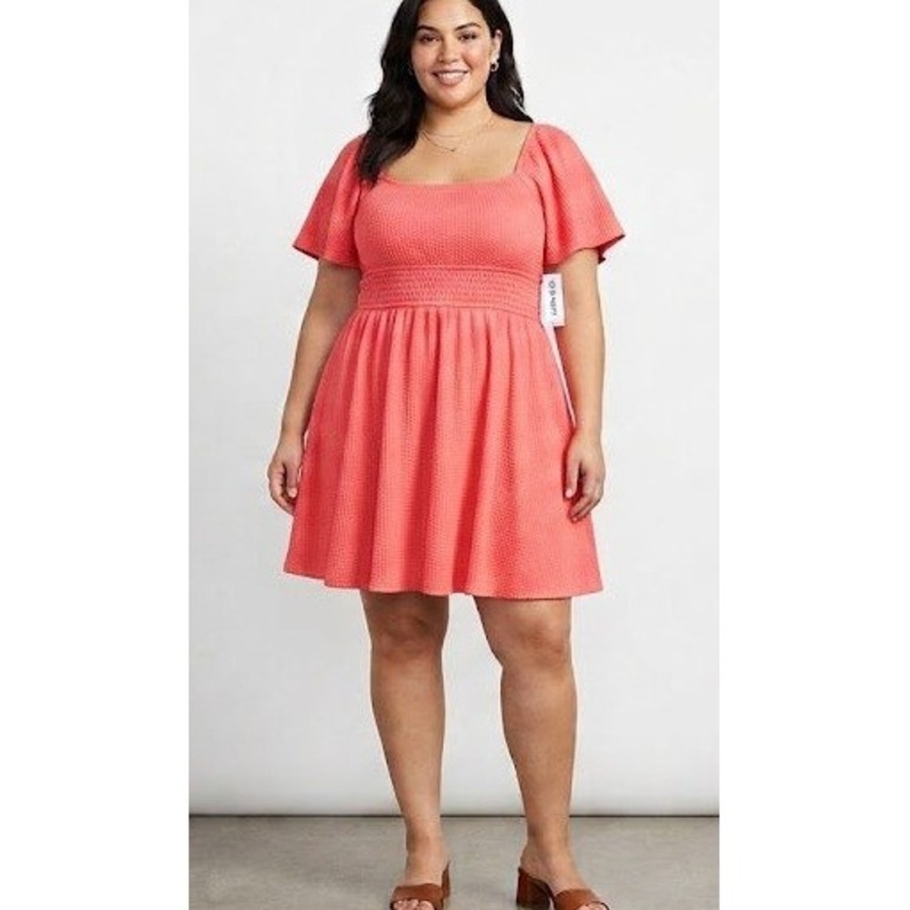 Old Navy Womens XL Coral Pink Waffle Knit Smocked Fit & Flare Mini Dress NWT